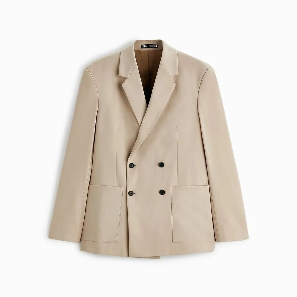 Zara Double Breasted Suit Blazer in Beige